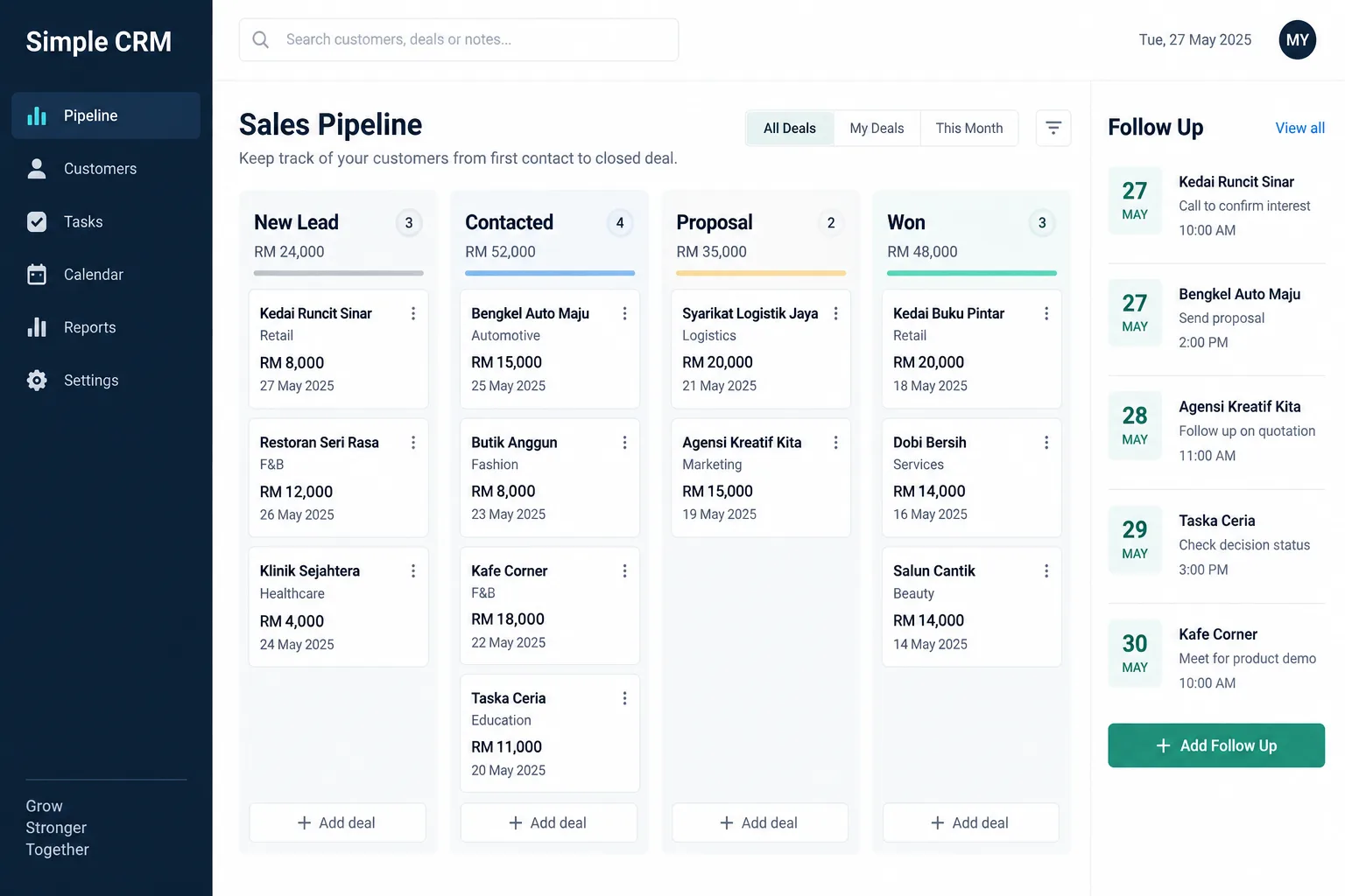 Representative CRM interface showing a customer sales pipeline and follow-ups