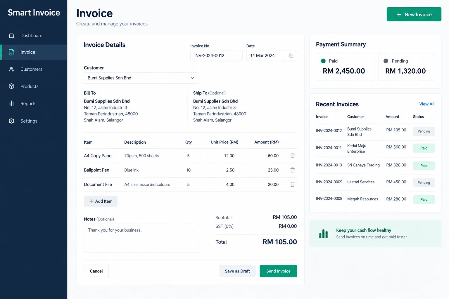Representative preview of the Smart Invoice product